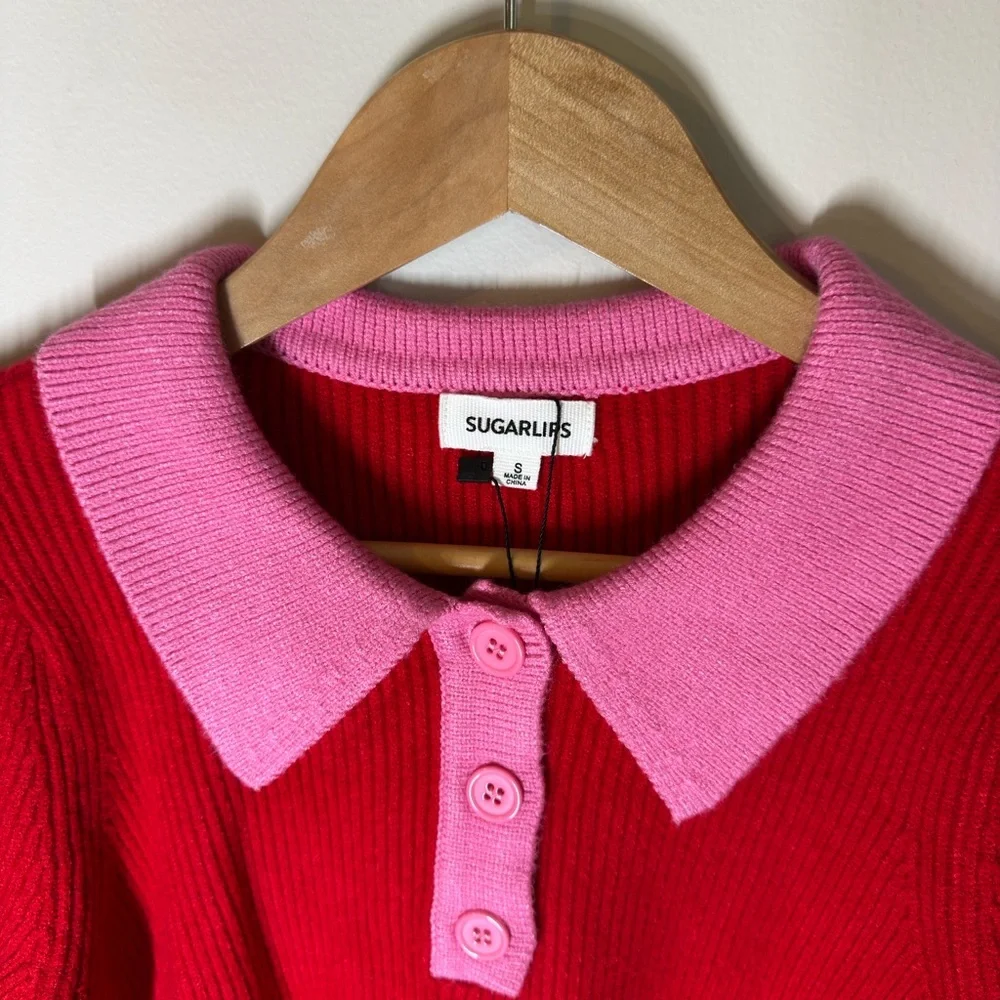 NWT Sugarlips Red and Pink Collared Sweater S - Picture 3 of 6